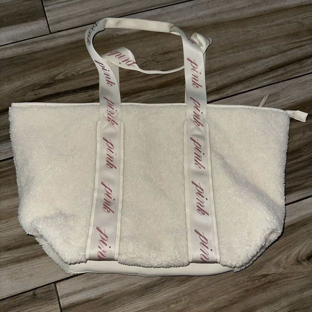 Victoria Secret Ivory Fleece PINK Logo Strap Tote Large Bag